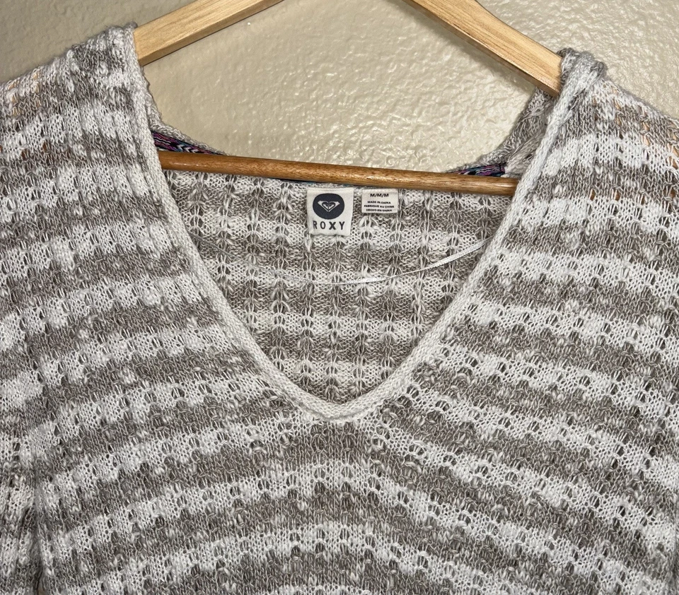 ROXY Suéter Mujer Med Off Blanco y Tostado Rayas Crochet Pullover Sudadera con Capucha Bohemio Foto 3 de 4