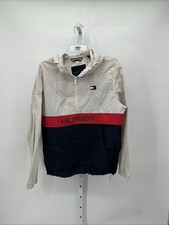 TOMMY HILFIGER 1/4 ZIP WINDBREAKER JACKET WHITE RED POPOVER MEN SIZE LARGE