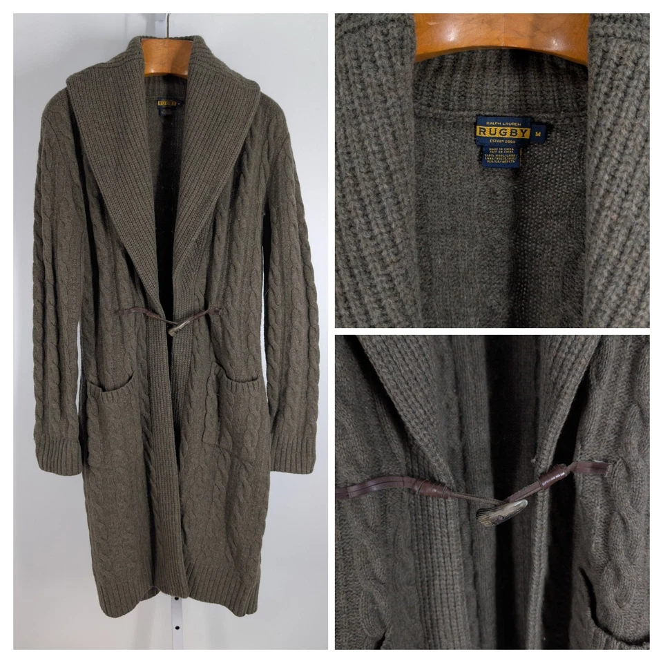Ralph Lauren Rugby Cardigan Sweater Long Cable Knit Wool Shawl Toggle Green M - Image 4 of 4