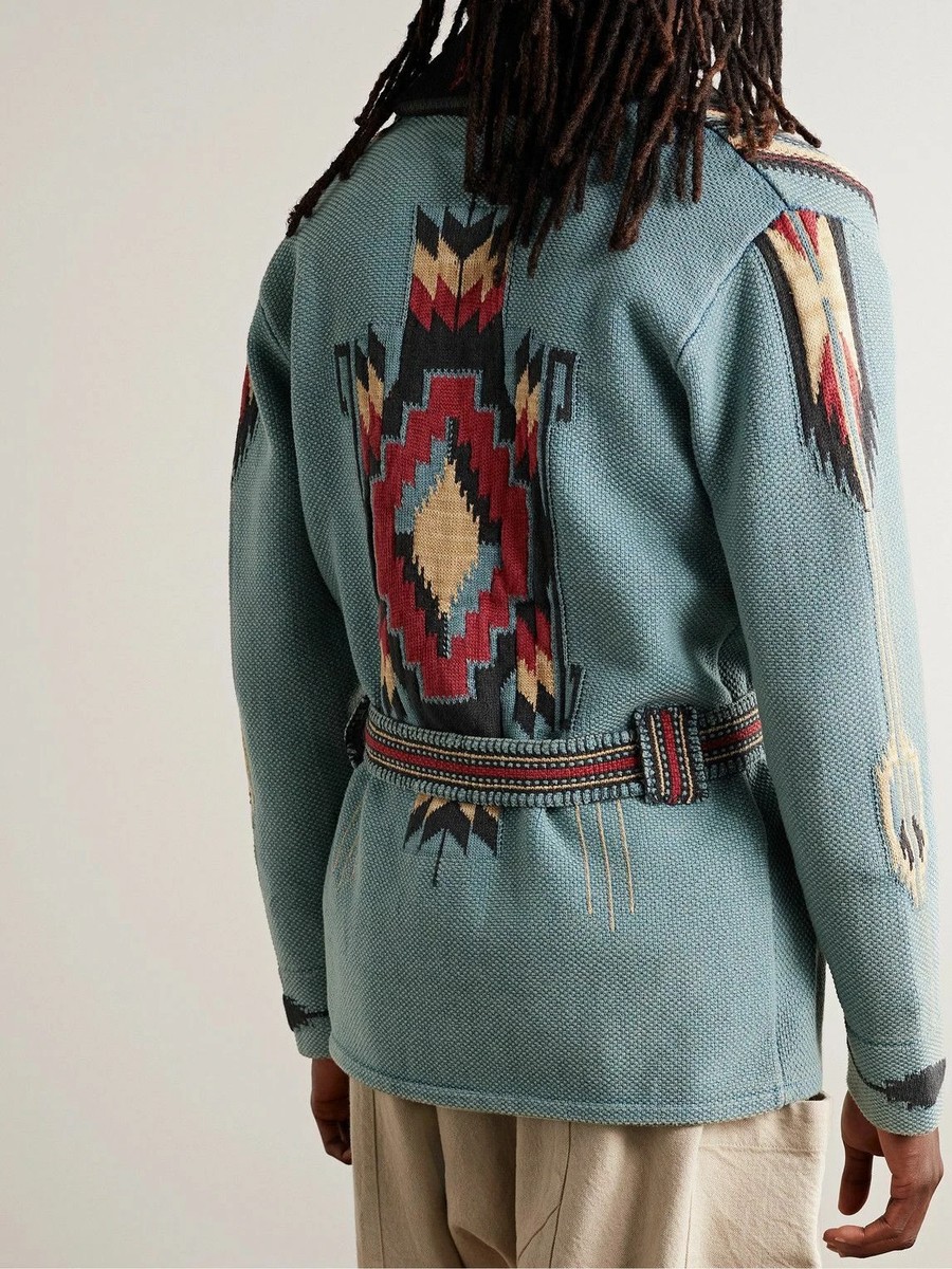 RRL Ralph Lauren Blue Southwestern Brown Ranch Belted Cardigan Men