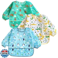 PandaEar 3 Pack Long Sleeve Bibs, Waterproof Smock Baby Bibs for Eating, Reus