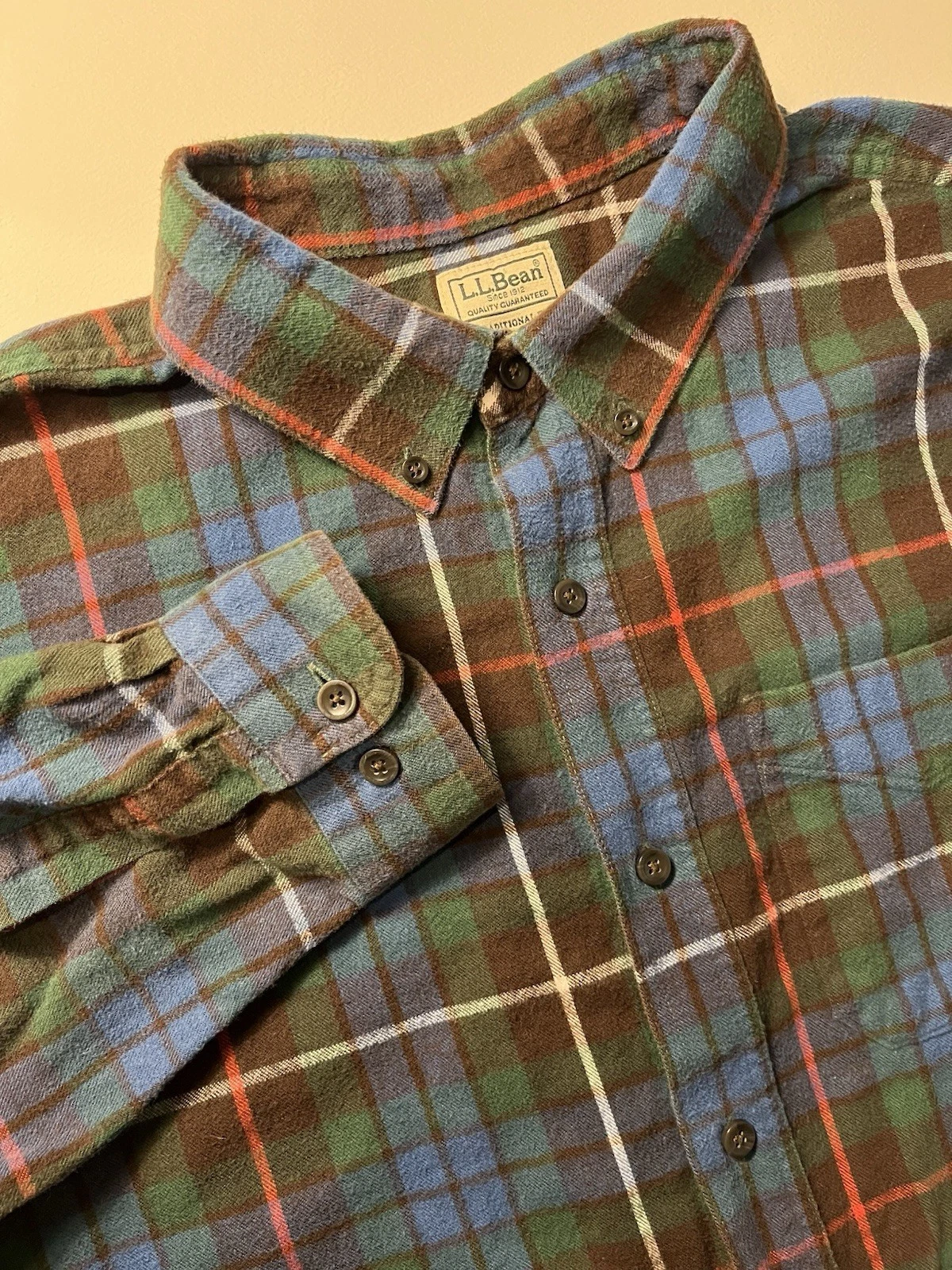 LL Bean Mens XL Reg Shirt Plaid Flannel Green Blue Button Long Sleeve Trad Fit