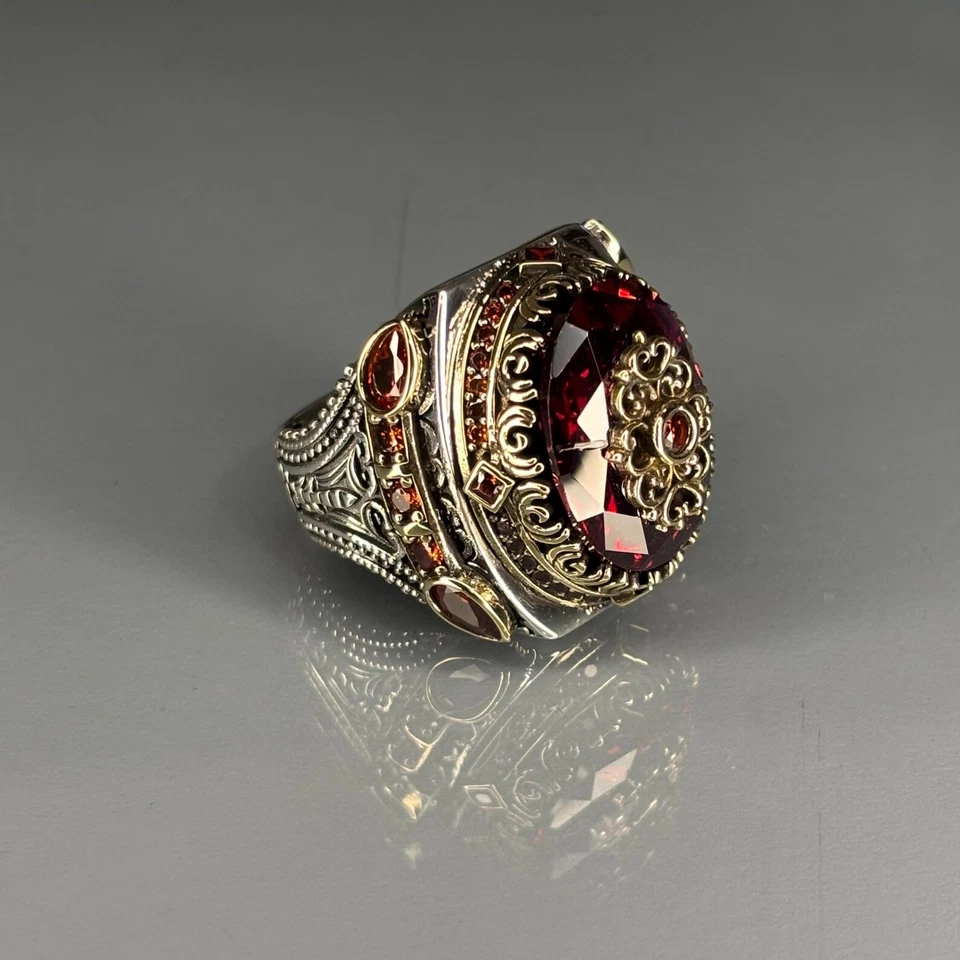 Anillo artesanal de plata de ley con rubí para hombre, diseño otomano Foto 2 de 4