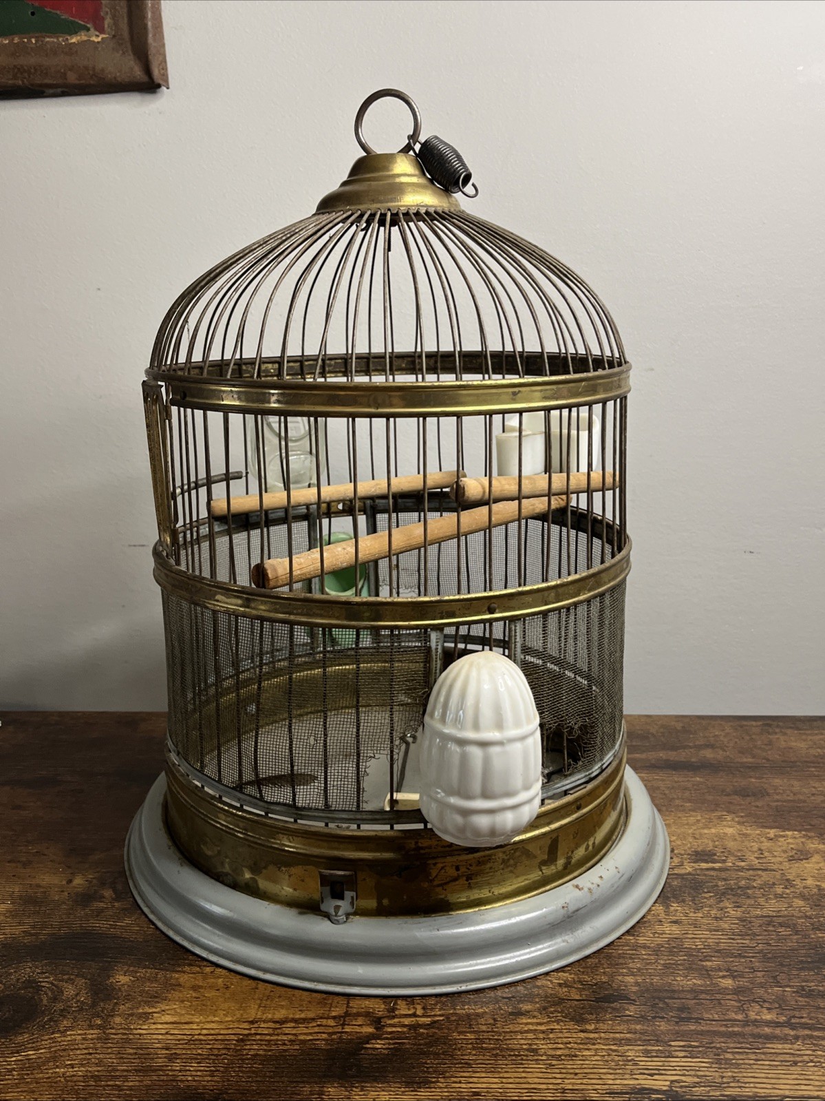 Vintage Hendryx Bird Cage Hanging Dome Style Jadeite And Milk Glass Feed/Water
