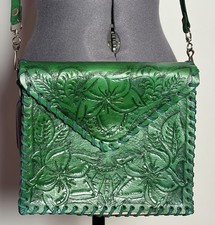Tooled Leather Crossbody Bag Floral Bag Green Western Boho Vtg Style Purse