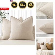 Decorative Linen Euro Sham Pillow Covers 24x24 Neutral Boho Farmhouse Pack of 2