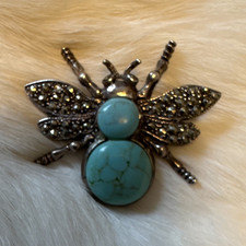 Sterling Silver  Bee Brooch Pin with Round Blue Turquoise Stones Bezel Set