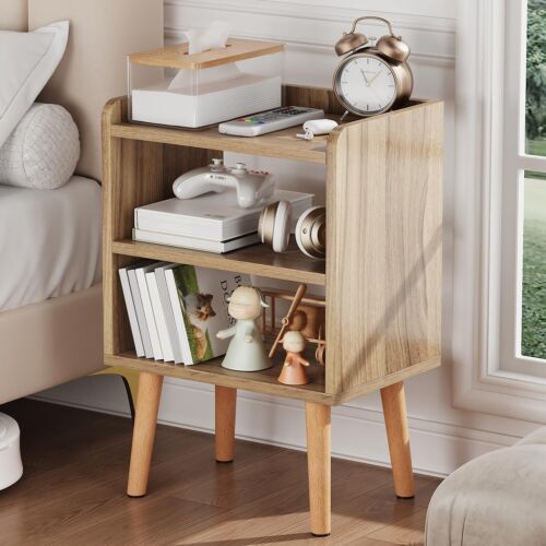 Modern Bedside Table, Mid Century Nightstand with Open Shelf, 3-Tier, Walnut - Picture 2 of 7