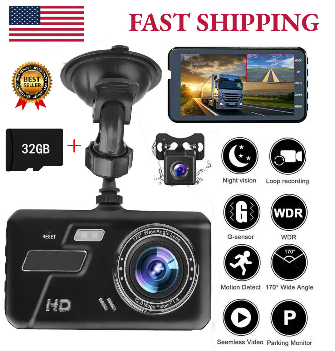 4" Dash Cam Touch Screen 1080P Dual Lens Car DVR Recorder Front And Rear Camera eBay