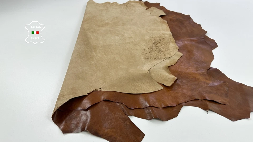 COGNAC BROWN ANTIQUED RUSTIC Lambskin leather 2 skins total 15sqf 0.9mm #C3630 - Image 3 of 4
