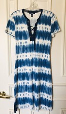 CHAPS Ralph Lauren Blue White Tie Dye Midi Maxi Dress Size M Stretch Body Con
