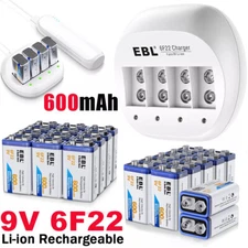 EBL 9V 600mAh Li-ion Rechargeable Batteries Lot / 4-Slot 9-Volt Lithium Charger