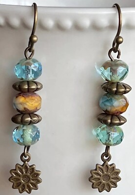 Etched Bronze Flower with Aqua Picasso Czech Bead Earrings. Boho Chic.