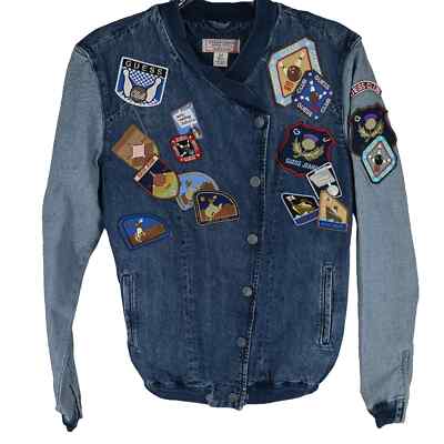 GUESS Women's GUESS ORIGINALS PATCH DENIM BOMBER JACKET size