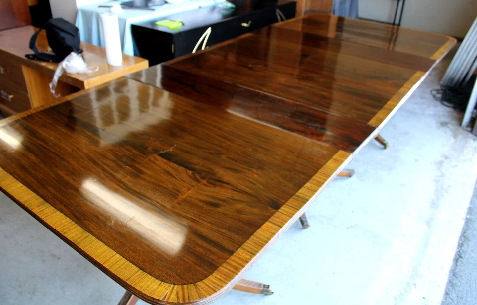 Antigua mesa de comedor Regency triple pedestal caoba madera satinada banquete Foto 2 de 4