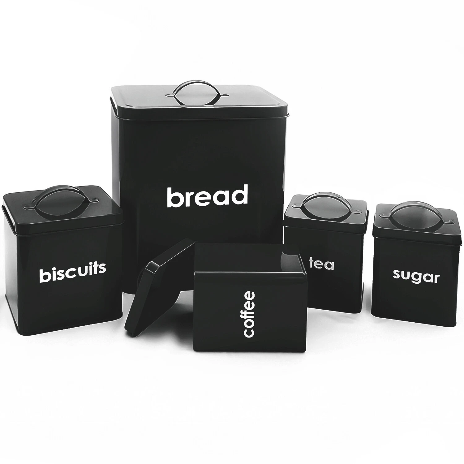5PC BLACK METAL BREAD BIN SUGAR COFFEE TEA ENAMEL COATED STORAGE CANISTERS SET
Opens in a new window
