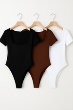 Women s Stretch Ribbed Bodysuit Short Sleeve Slim Fit Scoop Neck One Piece S-L