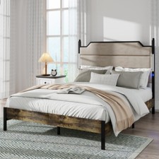 NEW Queen Bed Frame Brown w/ Upholstered Headboard,Charging Station  LED Lights