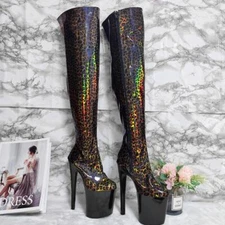 Womens Laser Leopard Pattern Platform Over Knee Boots 20cm Thigh High Heels Pump