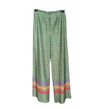 Vintage High-Waisted Green Floral Pants With Rainbow Striped Hem  Side Zipper