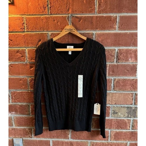 Neu mit Etikett St Johns Bay Damenpullover Large schwarz Zopfmuster V-Ausschnitt Baumwollmischung