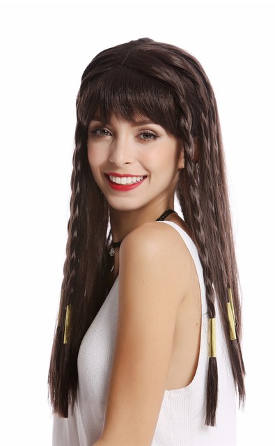 Wig Ladies Carnival Long Dark Brown Fringe Braided Streaks Harem