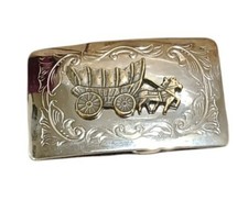 Vintage Chrome and Brass belt Buckle with Stagecoach - 3.5" x 2.5"
