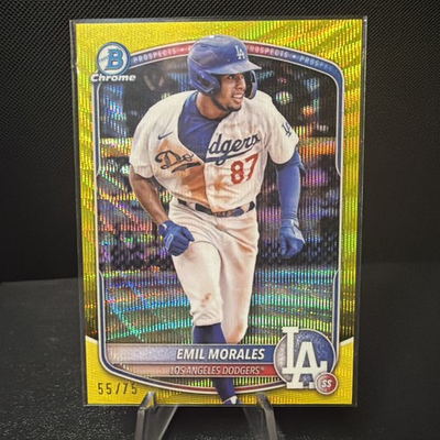 #ad #ad 2025 Emil Morales Bowman Chrome 75 Yellow Wave Refractor RC #BCP 127 Dodgers $18.00