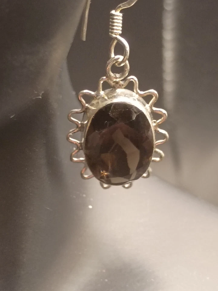 Brincos de prata esterlina 925 genuíno quartzo esfumaçado oval cabochão gancho pendente 1,5" - Imagem 4 de 4
