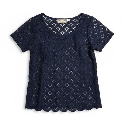 Two of Us Navy Blue Crochet Lace Short Sleeve Top Womens Size M Square Neck