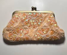 Beaded Satin  Lace Clutch Evening Bag Peach  Gold for Formal Special Occasion