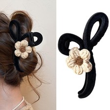 1 PCS Black Bow Flower Hair Claw Clips Velvet French Large Jaw For Thick Hair
