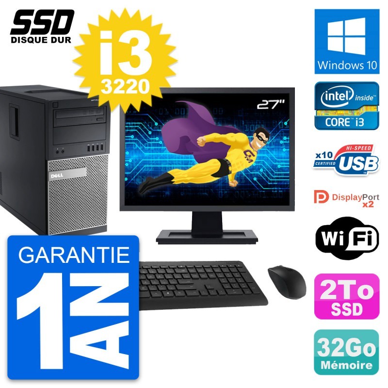 PC Tour Dell 9010 Ecran 27" Intel Core i3-3220 RAM 32Go SSD 2To Windows 10 Wifi