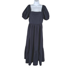 Quince Organic Cotton Ruched Midi Dress Womens Medium Navy Blue NWT DR-1832