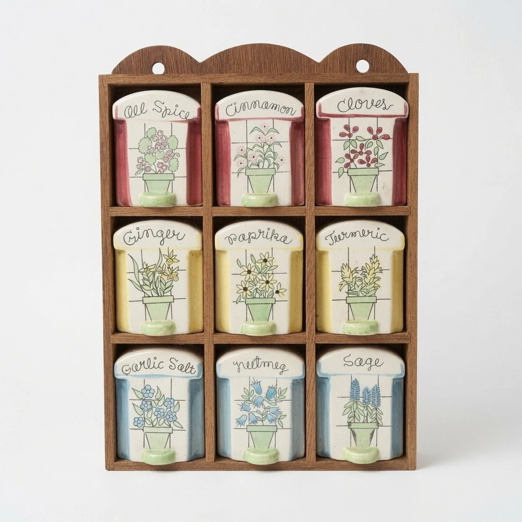 Vintage Ceramic Spice Rack w/ 9 Jars - Wall Mount Or Counter -Unused w/Corks (B)