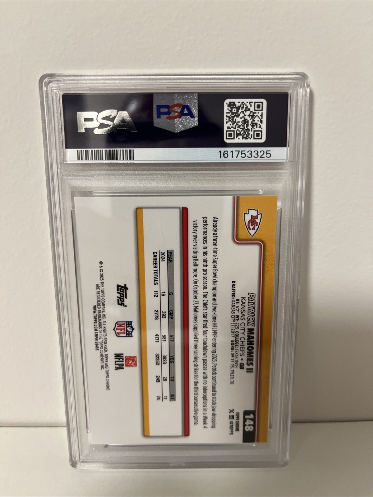 2025 Topps Chrome Patrick Mahomes II Variation PSA 9 view 2