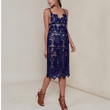 For Love & Lemons Gianna Blue Lace Midi Dress Nude Lining Womens Size S