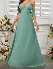 SHEIN Belle Spaghetti Straps High Waist Ruffle Sleeves Green Chiffon A-Shaped