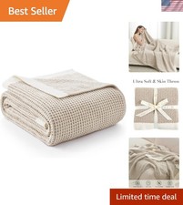 Reversible Chenille Throw Blanket - Modern Waffle Design in Soft Beige 50"x60"