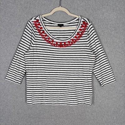 Talbots Shirt 1X Navy Striped Cotton Embellished Beaded Nautical Classic Casual