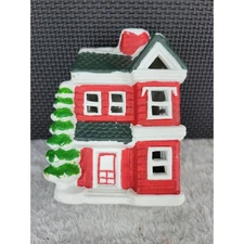 Vintage Ceramic Christmas Village House Red Green Snow Accents Miniature Decor