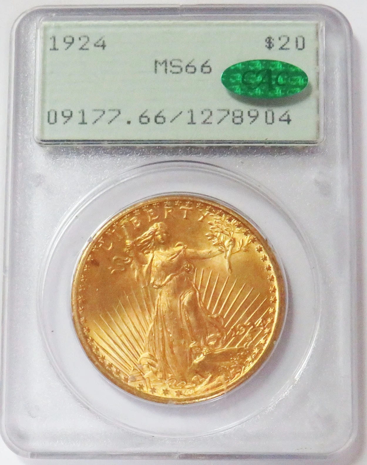 1924 GOLD $20 SAINT GAUDENS DOUBLE EAGLE GEN 1 RATTLER PCGS MINT STATE 66 CAC