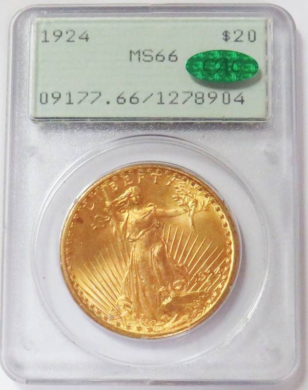 1924 GOLD $20 SAINT GAUDENS DOUBLE EAGLE GEN 1 RATTLER PCGS MINT STATE 66 CAC
