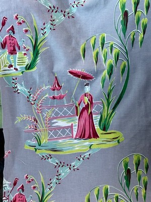 Ming Dynasty Chinese Geisha Girl Asian Mid Century Barkcloth Era Vintage Fabric