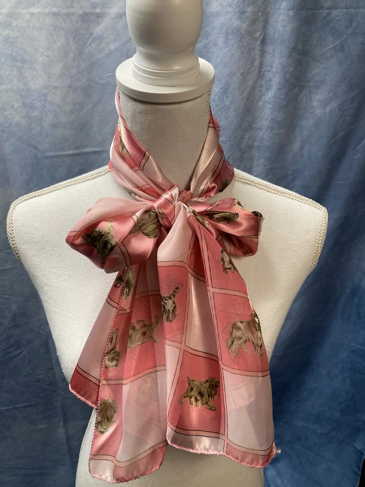 复古 20 世纪 80 年代女式粉色长方形围巾涤纶狗印花 13x60” — 第 3/4 张图片