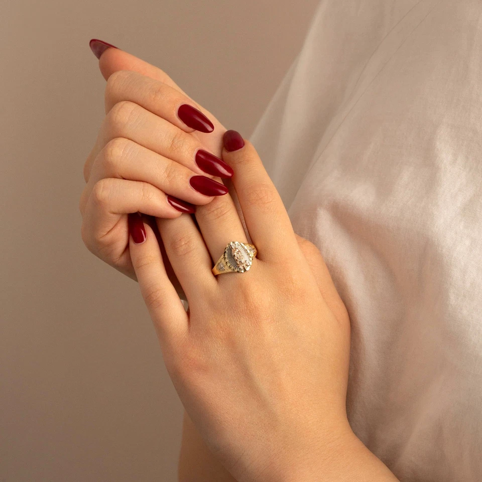 Tri-Color Gold Diamond Cut Our Lady of Guadalupe Cross Oval Signet Ring - Image 2 of 3