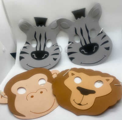 Foam Zoo Animal Masks Toy Play Party 2 Zebra 1 Monkey 1 Lion 7 1/2  With Elastic