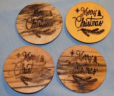 Handmade 4" Wood Coasters,4ct. Handmade Engraved Coaster, Merry Christmas