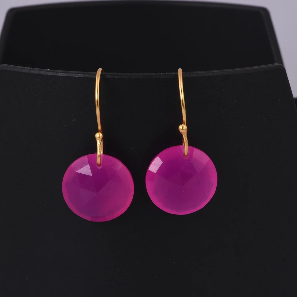 Faceted Pink Chalcedony Ear Wire Earrings 18k Gold Plated Handmade Earrings — 第 2/4 张图片
