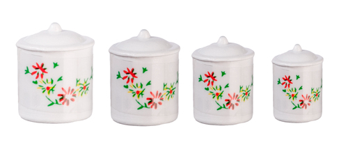 Dolls House Canisters White Flowered and Lids x 4 Miniature 1:12th Scale (TSM)